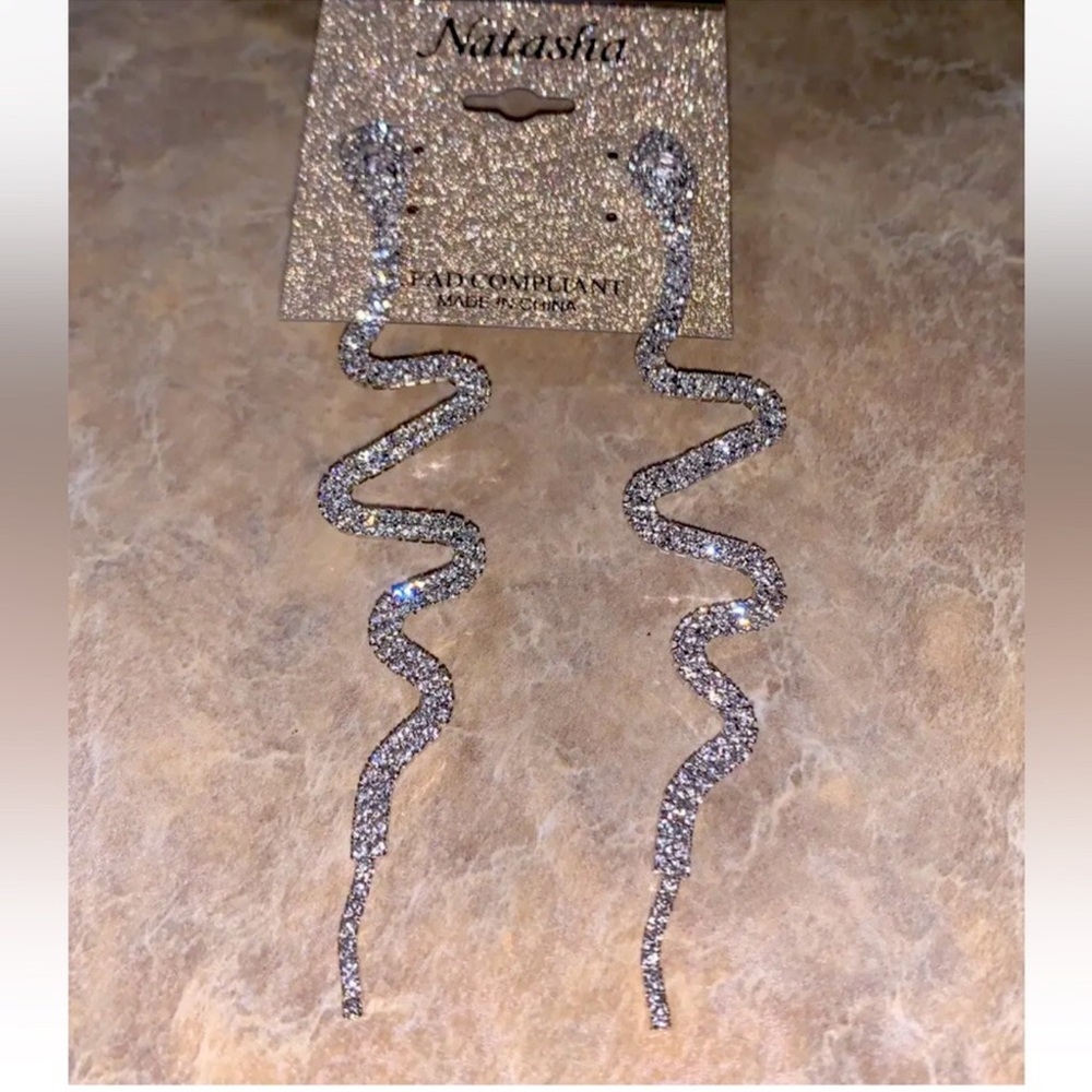 Natasha Brand Silver Snake Rhinestone Earrings